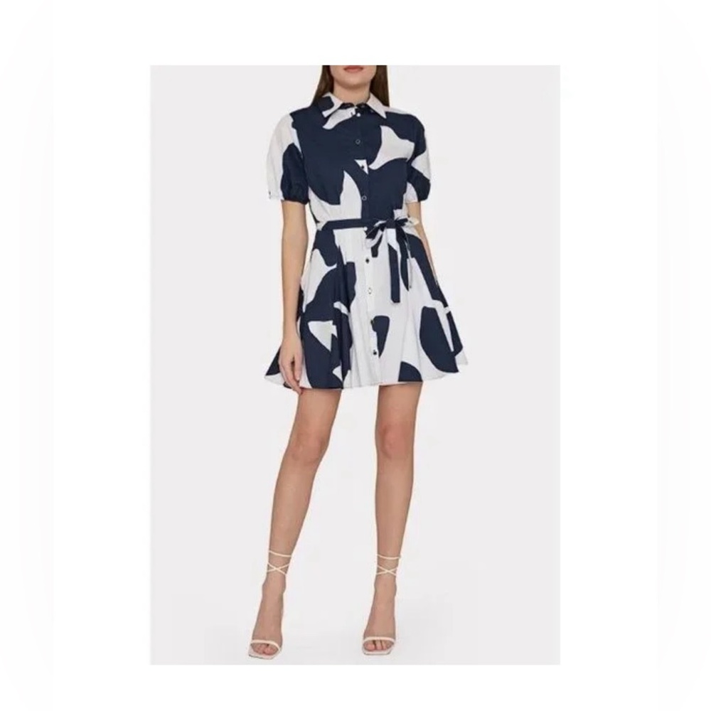 MILLY Women's Grand Foliage Godet Poplin Mini Shirtdress Size 2 In Navy/White